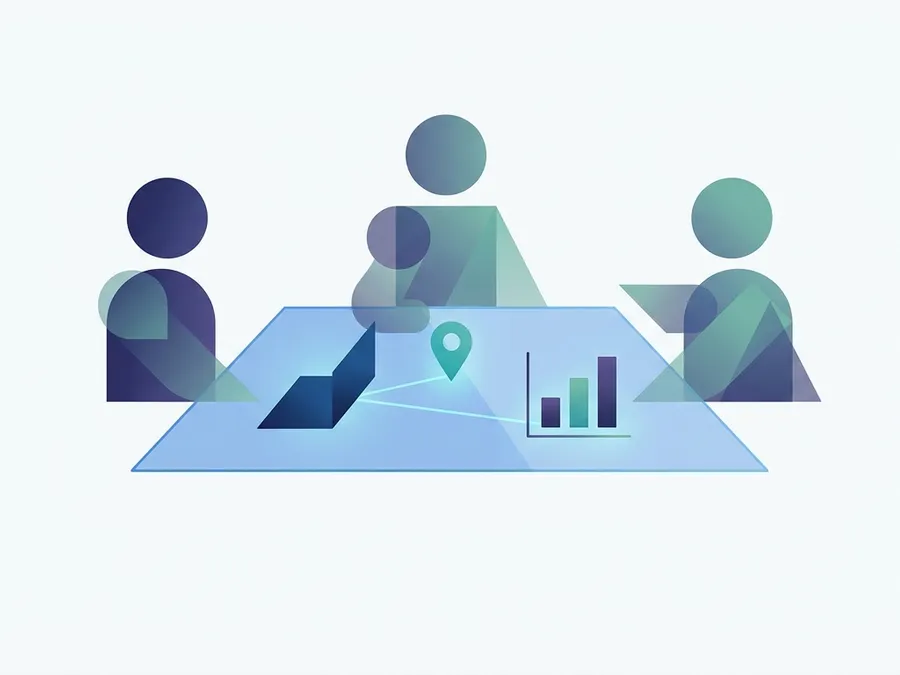 Abstract illustration of a small team collaborating around a table with a laptop and map pin icon