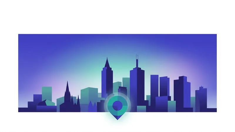 Stylised illustration of the Melbourne skyline at dusk with a glowing map pin