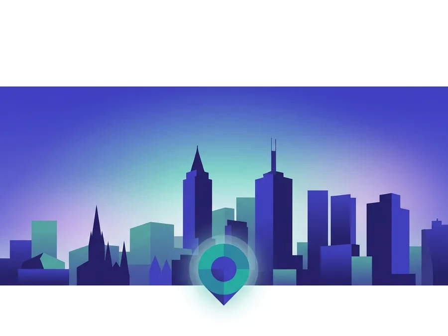 Stylised illustration of the Melbourne skyline at dusk with a glowing map pin