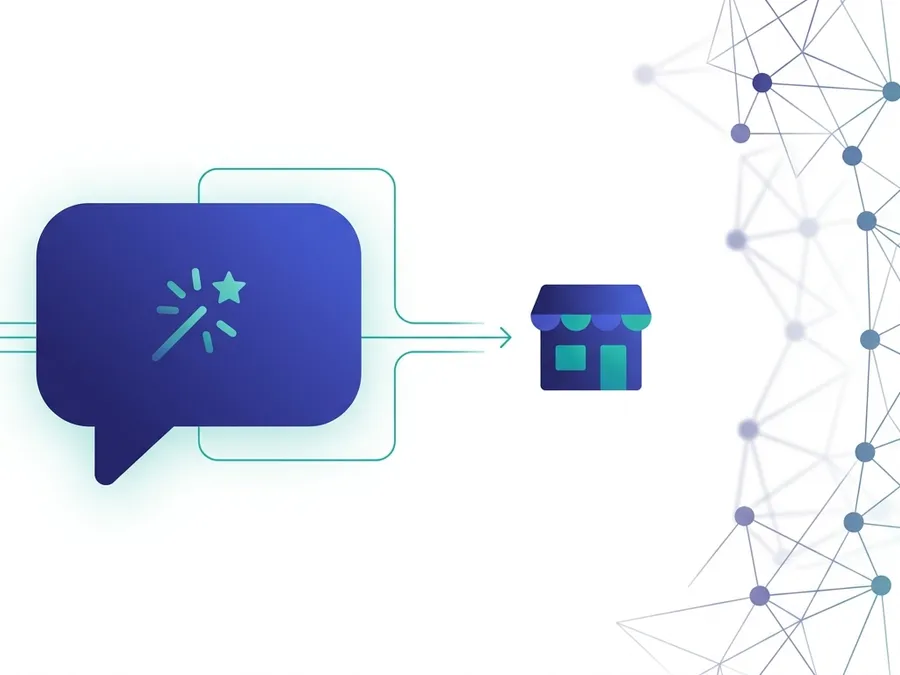 Abstract illustration of a chat assistant bubble connected to a storefront icon, representing AI search visibility