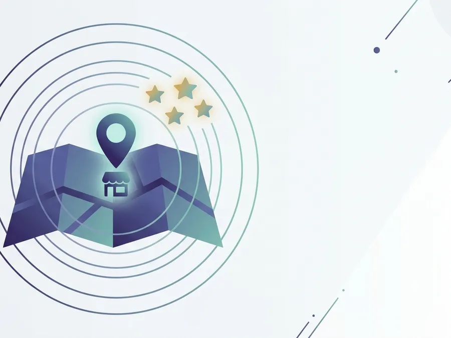 Abstract illustration of a glowing map pin at the centre of a local search radius, representing local SEO