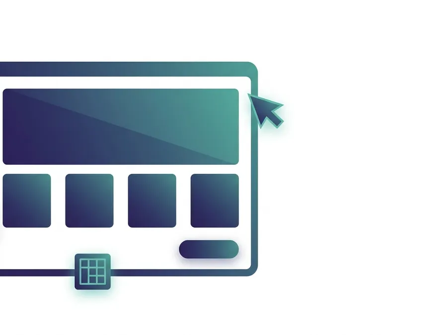 Abstract illustration of a browser window with layout blocks and design tool icons, representing website design and build